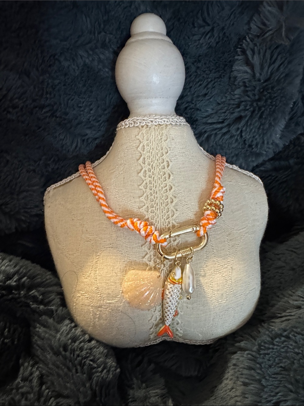 Tangerine Rope Necklace with Gold Fish & Shell Charms